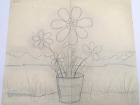 Josip Generalić, 1966, Cvijeće u škafu (Flowers in a bucket), olovka na papiru (pencil on paper), 72x80 cm – Cijena na upit (Price on request)