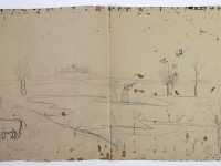Josip Generalić, 1969, Lovci (Hunters), olovka na papiru (pencil on paper), 123x48 cm – Cijena na upit (Price on request)