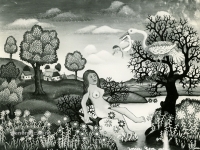 Josip Generalić, 1969, Roda s bebom (Stork with a baby), ulje na staklu (oil on canvas)