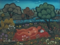 Josip Generalić, 1969, Suncanje (Sunbathing), ulje na staklu (oil on glass)