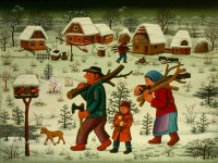 Josip Generalić, 1970, Drva i bor za Božić (Wood and Christmas tree), ulje na staklu (oil on glass)