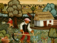 Josip Generalić, 1970, Košnja trave (Mowing the grass), ulje na staklu (oil on glass)