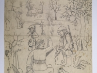 Josip Generalić, 1970, Lovci sa zecom (Hunters with a rabbit), olovka na papiru (pencil on paper), 59x48 cm – Cijena na upit (Price on request)