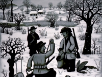 Josip Generalić, 1970, Lovci sa zecom (Hunters with a rabbit), ulje na staklu (oil on canvas)