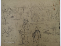 Josip Generalić, 1970, Povratak iz lova (Return from hunting), olovka na papiru (pencil on paper), 40x48 cm – Cijena na upit (Price on request)