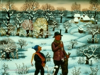 Josip Generalić, 1970, Povratak iz lova (Return from hunting), ulje na staklu (oil on glass)