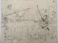 Josip Generalić, 1970, Ribarica i ribic (Fishing), olovka na papiru (pencil on paper), 43x52 cm – Cijena na upit (Price on request)