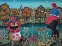 Josip Generalić, 1970, Ribarica i ribic (Fishing), ulje na staklu (oil on glass)