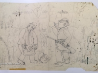 Josip Generalić, 1971, Lovci sa zecom (Hunters with a rabbit), olovka na papiru (pencil on paper), 93x60 cm – Cijena na upit (Price on request)