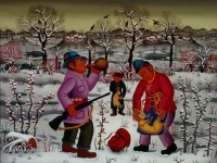 Josip Generalić, 1971, Lovci sa zecom (Hunters with a rabbit), ulje na staklu (oil on glass)