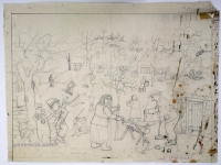 Josip Generalić, 1971, Piljenje drva (Wood sawing), olovka na papiru (pencil on paper), 62x83 cm – Cijena na upit (Price on request)