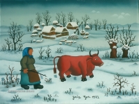 Josip Generalić, 1973, Žena s crvenom kravom (Woman with red cow), ulje na staklu (oil on glass)