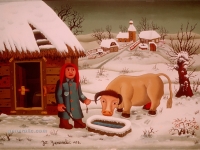 Josip Generalić, 1973, Žena s kravom (Woman with a cow), ulje na staklu (oil on glass)