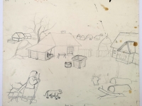 Josip Generalić, 1976, Drva za zimu (Wood for winter), olovka na papiru (pencil on paper), 43x53 cm – Cijena na upit (Price on request)