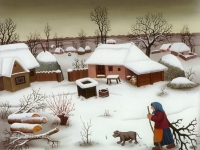 Josip Generalić, 1976, Drva za zimu (Wood for winter), ulje na staklu (oil on glass)