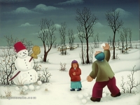 Josip Generalić, 1976, Grudanje (Snowball fight), ulje na staklu (oil on glass), 47x54 cm