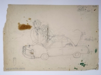 Josip Generalić, 1977, Mladenci s Mercedesom (Newlyweds and a Mercedes), olovka na papiru (pencil on paper), 48×69 cm – Cijena na upit (Price on request)
