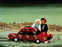 Josip Generalić, 1977, Mladenci s Mercedesom (Newlyweds and a Mercedes), ulje na staklu (oil on glass)