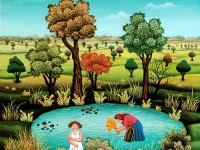 Josip Generalić, 1977, Pranje u jezeru (Washing in a pond), ulje na staklu (oil on glass)