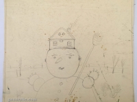 Josip Generalić, 1977, Snjegovic s kucom (Snowman with a house), olovka na papiru (pencil on paper), 40x40 cm – Cijena na upit (Price on request)