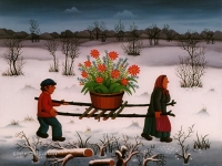 Josip Generalić, 1978, Cvijece na nosilima (Flowers on a stretcher), ulje na staklu (oil on glass)