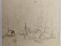 Josip Generalić, 1980, Seoce zimi (Small village in winter), olovka na papiru (pencil on paper), 27x17 cm – Cijena na upit (Price on request)