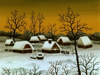 Josip Generalić, 1980, Seoce zimi (Small village in winter), ulje na staklu (oil on glass), 25x19 cm