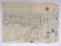 Josip Generalić, 1981, Drva za zimu (Wood for winter), olovka na papiru (pencil on paper), 43x62 cm – Cijena na upit (Price on request)