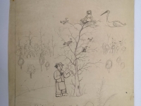 Josip Generalić, 1982, Roda na drvetu (Stork on a tree), olovka na papiru (pencil on paper), 55×45 cm – Cijena na upit (Price on request)