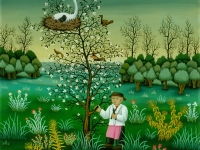 Josip Generalić, 1982, Roda na drvetu (Stork on a tree), ulje na staklu (oil on glass), 55×45 cm