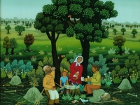 Josip Generalić, 1982, Piknik (Picnic), ulje na staklu (oil on glass), 120×100 cm