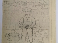 Josip Generalić, 1984, Ribič sa žutom ribom (Fisherman), ulje na staklu (oil on glass), olovka na papiru (pencil on paper), 46x40 cm – Cijena na upit (Price on request)