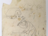 Josip Generalić, 1985, Cijepanje drva (Wood chopping), olovka na papiru (pencil on paper), 26x21 cm – Cijena na upit (Price on request)