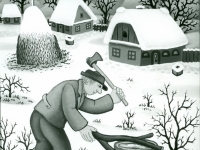 Josip Generalić, 1985, Cijepanje drva (Wood chopping), ulje na staklu (oil on glass)