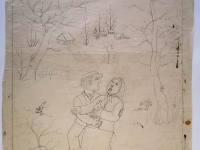 Josip Generalić, 1985, Povratak iz vinograda (Return from vineyard), olovka na papiru (pencil on paper), 68x52 cm – Cijena na upit (Price on request)