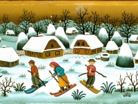 Josip Generalić, 1985, Skijanje (Skiing), ulje na staklu (oil on glass)