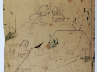 Josip Generalić, 1985, Žena sa štapom (Woman with a stick), olovka na papiru (pencil on paper), 28x24 cm – Cijena na upit (Price on request)
