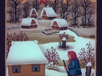 Josip Generalić, 1985, Žena sa štapom (Woman with a stick), ulje na staklu (oil on glass)