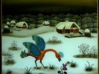 Josip Generalić, 1988, Ptica s plavim krilima (Bird with blue wings), ulje na staklu (oil on glass)