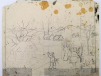Josip Generalić, 1991, Grudanje snjegovica (Throwing snowballs), olovka na papiru (pencil on paper), 32x41 cm – Cijena na upit (Price on request)