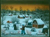 Josip Generalić, 1991, Grudanje snjegovica (Throwing snowballs), ulje na staklu (oil on glass)