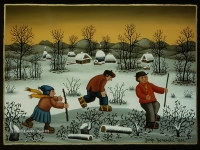 Josip Generalić, 1991, Tri klizaca (Three skaters), ulje na staklu (oil on glass)