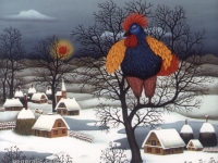 Josip Generalić, 1992, Hlebinski pijetao (Rooster in Hlebine), ulje na staklu (oil on glass)