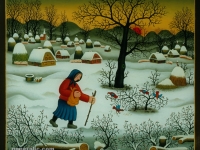 Josip Generalić, 1992, Žena sa štapom (Woman with a stick), ulje na staklu (oil on glass)