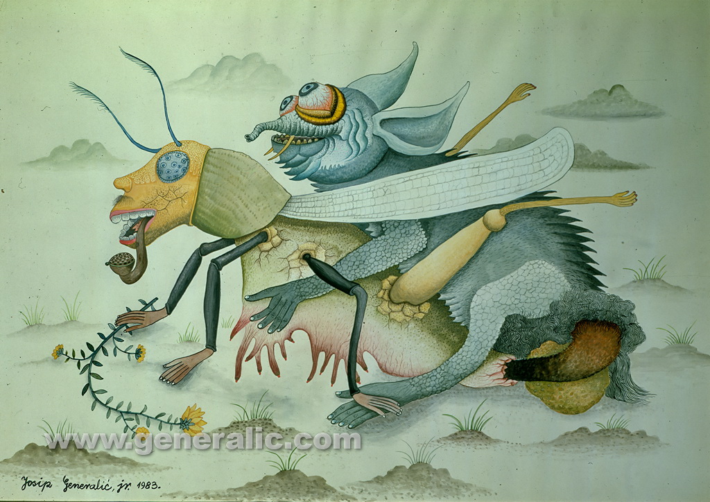 Josip Generalic, 1983, Love of Grasshopper and Chameleon, watercolour