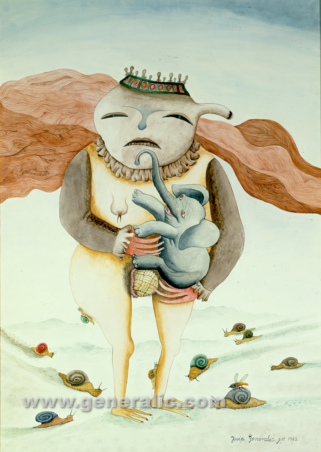 Josip Generalic, 1983, Monster with elephant, watercolour