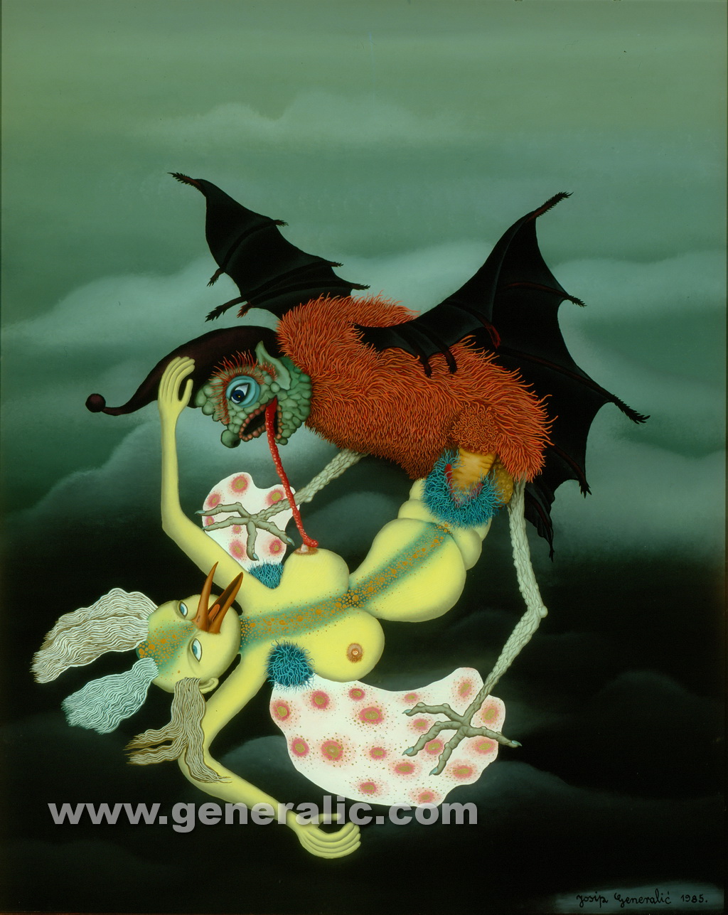 Josip Generalic, 1985, Love between Butterfly woman and a bat, oil on glass, 100x80 cm