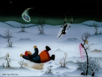 Josip Generalic, 1980, Kontakt s izvanzemaljcem (Contact with an alien), ulje na staklu (oil on glass), 35x48 cm