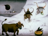 Josip Generalic, 1980, Muha u zlatnoj juhi (A fly in golden soup), ulje na staklu (oil on glass), 40x46 cm