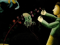 Josip Generalić, 1980, Spašavanje biljke (Saving the plant), ulje na staklu (oil on glass), 54x44 cm
